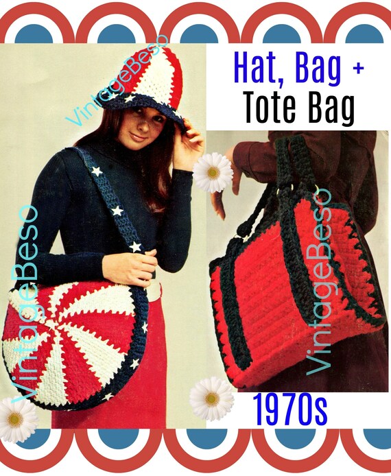 3 Patterns 1970s Vintage Crochet Pattern • Hat Cap Bag Purse Tote Briefcase • Patriotic Crochet • Great for Beginners • Watermarked PDF Only