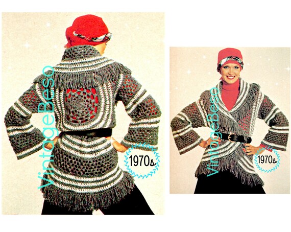 Cardigan Crochet PATTERN Vintage • Grey BOHO Circle Wrap 1970s • Top Bohemian Clothing Hippie Boho Coat Pattern • Watermarked PDF Only