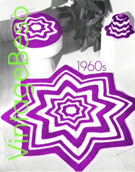 Rug Crochet Pattern + Lid Cover + Toilet Paper Cover • Retro 1960s Ripple Bathroom Set • You chose colors • Watermarked PDF Only