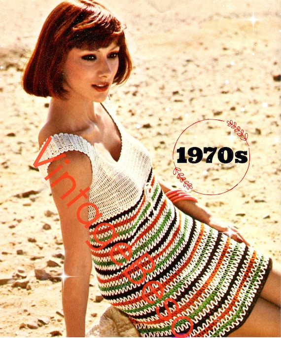 Stripe Beach Dress Crochet Pattern • Sexy Dress Crochet Pattern great Beach Bikini Coverup • Vintage 1970s • Watermarked PDF Only