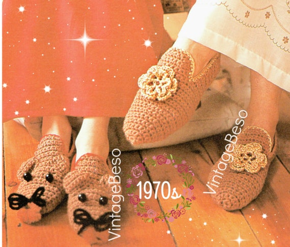 EASY Slippers Crochet Pattern • Watermarked PDF Only • Mom Ladies Slippers + Child Mouse • QUiCK to Make 1970s Vintage Retro House Shoes