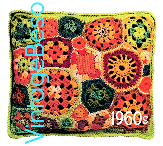 Pillow Crochet PATTERN • Vintage 1960s Patch Pillow • Retro Free Form 25 Granny Square Motif • Home Decor Patchwork • Watermarked PDF Only