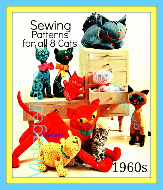 8 Stuffed Toy Cats Kitten Sew Pattern • Watermarked PDF Only • Cat SEWING Pattern • 1960s Cats Sewing Pattern • VintageBeso