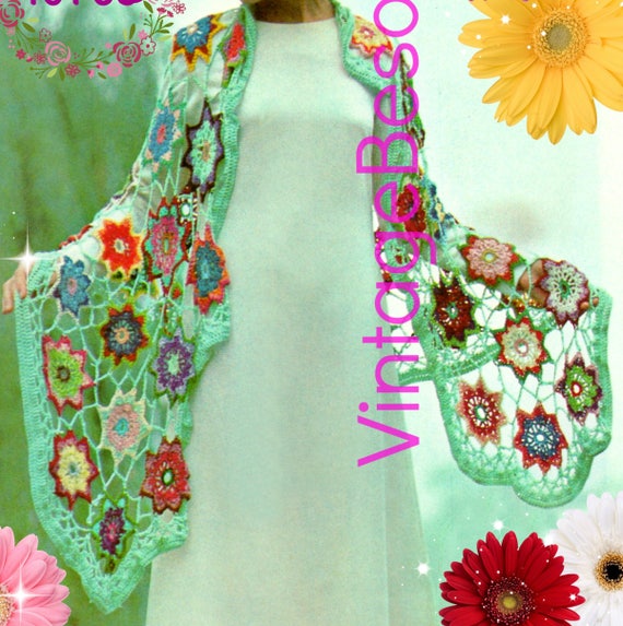 SHAWL Crochet Pattern • Ladies Bouquet Spring Shawl • 1970s Vintage Wrap • Stash Buster • Watermarked PDF Only