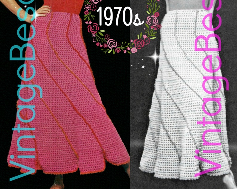 May include: Vintage 1970s crochet skirt pattern. The pattern shows two skirts, one in pink and one in white. Both skirts are long and flowy with a diagonal design.