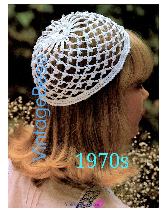 Vintage 1970s Wedding Cap Crochet PATTERN Juliet Beanie Glass Beads Beanie Crochet Pattern Snood • Watermarked PDF Only