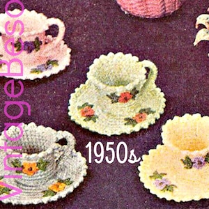 Tea Cup Crochet Pattern + Saucer Crochet Pattern • Vintage 1950s Flower Crochet Pattern + Leaf Crochet Pattern • Watermarked PDF Only