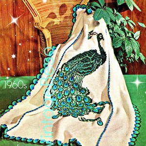 May include: A vintage crochet pattern for a peacock blanket. The pattern features a peacock with a blue and green tail, and a white background. The pattern is from the 1960s.
