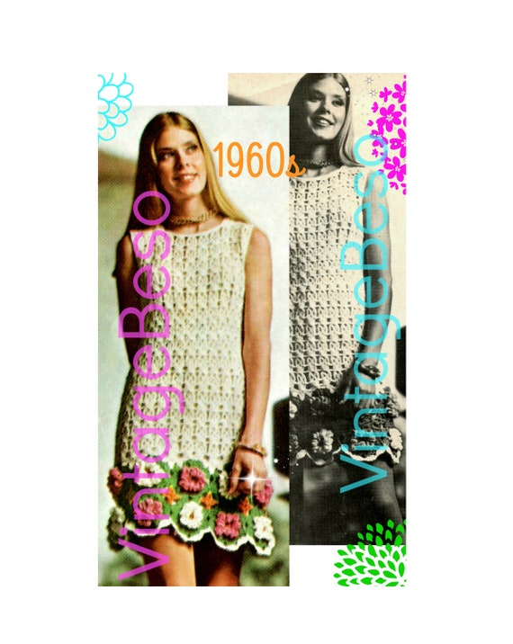 Dress Crochet Pattern • Vintage 1960s Chic Flower • Boho Hippie Mini Flower Power Sleeveless • Sweet and Sassy Dress • Watermarked PDF Only