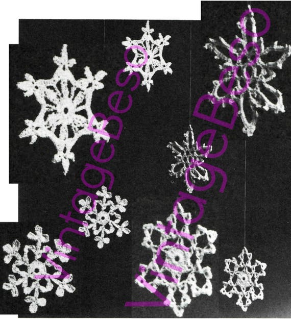 Snowflake Crochet PATTERN 1970s Vintage RARE 4 Unique Snowflakes + Xmas Tree Branches Cones Berries • Vintage Beso • Watermarked PDF Only
