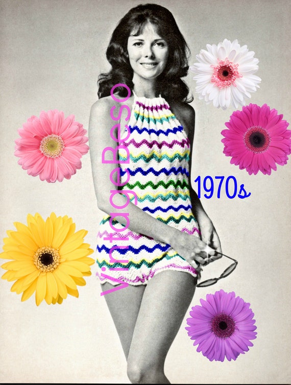 Romper CROCHET Pattern • Vintage 1970s Bodysuit Crochet Pattern • Halter Crochet Pattern • Bathing Suit • Retro Beach • Watermarked PDF Only