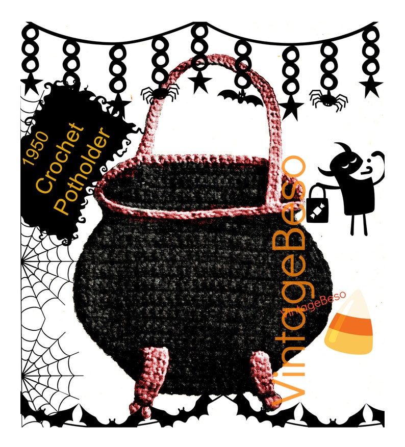 WITCHES CAULDRON Potholder Vintage 1950s Crochet Pattern All Hallow's Eve Halloween Party Potholder Watermarked PDF Only image 1