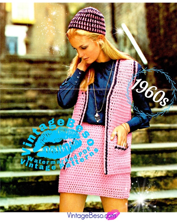 Vintage 1960s THREE Piece Ensemble CROCHET Pattern includes Skirt + Vest + Cap • Vintage 1960s • Crochet Pattern • Watermarked PDF Only