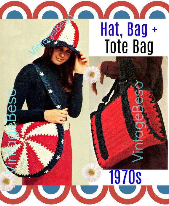 3 Patterns • Patriotic 1970s Vintage Crochet Pattern • Hat Cap Bag Purse Tote Briefcase Crochet • Great for Beginners • Watermarked PDF Only