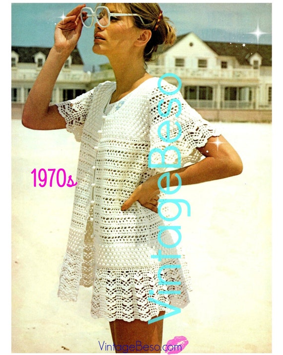 Baby Doll Mini Dress • CoverUp Crochet PATTERN 1970s Sizes 10 - 16 sizes Beach Sexy Summer Holiday Lacy Jacket • Watermarked PDF Only
