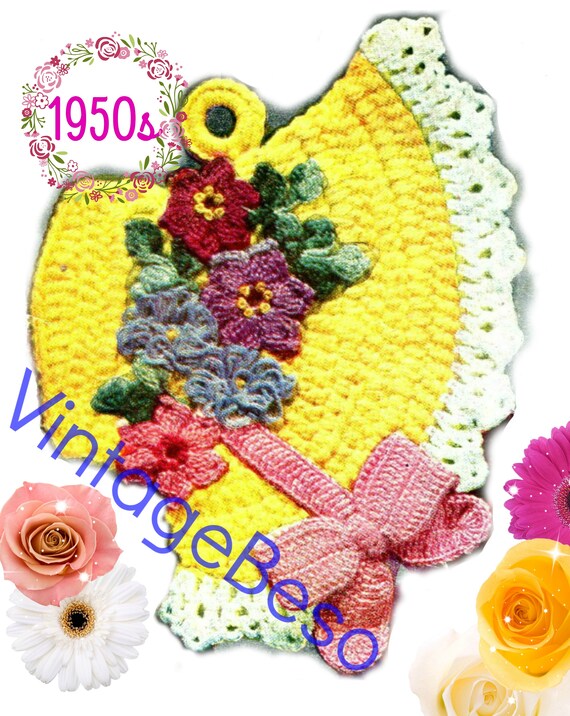 Easter Bonnet Potholder CROCHET Pattern • Watermarked PDF Only • Vintage 1950s • Kitchen Supplies • Quick Gift • New Home New Apt Tiny