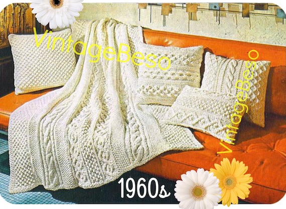5 Patterns • 1960s KNIT Pattern Aran Afghan Blanket + 4 Pillows: 49" X 65" blanket bed throw coverlet cover knitting • Watermarked PDF Only
