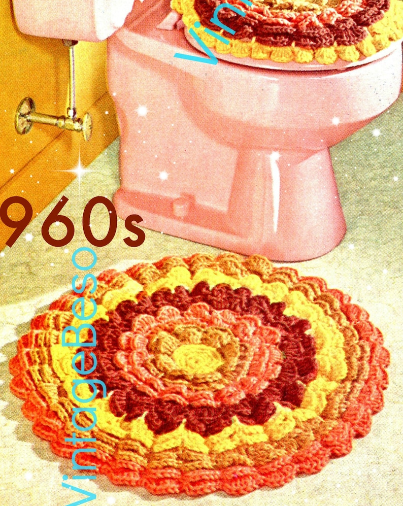 4 Crochet PATTERNs Gay Petal Bathroom Set Toilet Mat Tissue Topper Paper Roll Rug Vintage Crochet Pattern Watermarked PDF Only image 5