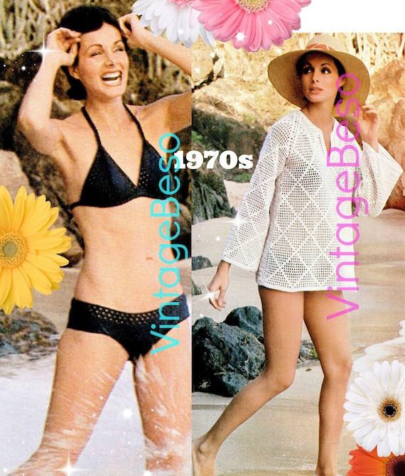 Bikini Crochet Pattern + Coverup Top • Vintage 1970s Bikini Top and Bottom PLUS COVERUP • Ladies Summer Beach • Watermarked PDF Only