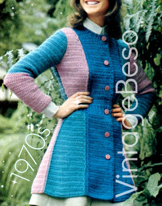 1970s Flare Coat Sweater Crochet Pattern • Panel Tri-Color 7/8th Coat • Bohemian Clothing • Watermarked PDF Only • Feminine Fit