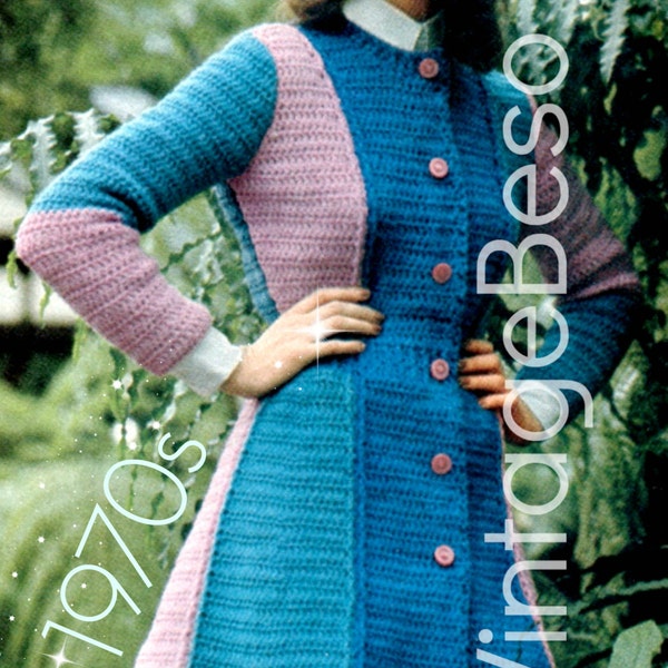 Cappotto svasato anni '70 Maglione modello uncinetto • Cappotto tricolore 7/8 • Abbigliamento Boho • Solo PDF con filigrana • Vestibilità femminile
