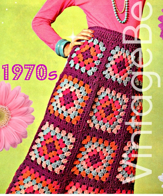 CROCHET SKIRT Pattern • Watermarked PDF Only • 1970s Crochet Pattern Vintage Hostess Granny Square Long Maxi Skirt Boho Bohemian