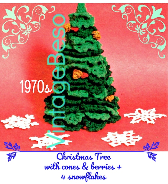 Christmas Tree Crochet Pattern • Vintage 1970s Four Snowflake • Rare Pattern • Branches • Cones • Berries • Watermarked PDF Only