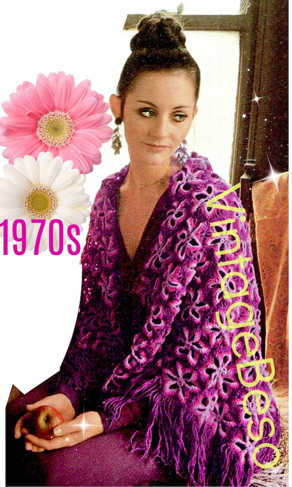 Shawl Crochet Pattern • 1970s Crochet Pattern • Motifs in the Style of Granny Square • Feminine Flowers and Fringe • Watermarked PDF Only