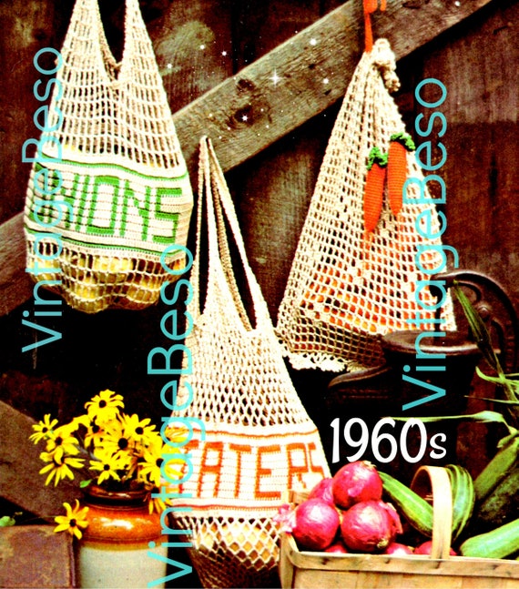 Vintage Shopping Tote Crochet Pattern • Mesh • Onions • Taters • Carrots Amigurumi • Purse Reusable Produce Bags 70s • Watermarked PDF Only