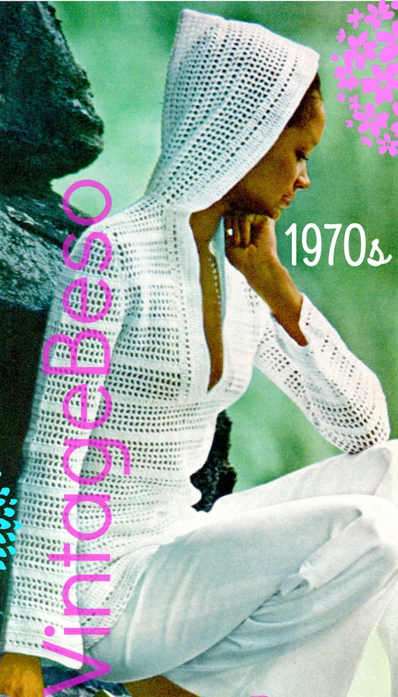 Top CROCHET PATTERN Retro 1970s Hooded Sweater Crochet Pattern Filet Crochet Beach Jacket Coverup • Watermarked PDF Only