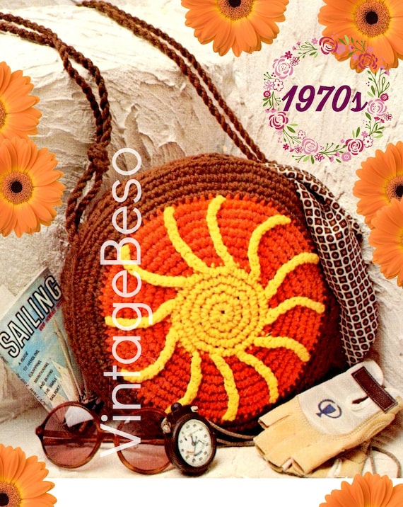 Sun Rays Bag Crochet Pattern • 1970s Vintage Bag • Sunburst with Strap • Handbag • Easy • Retro Fun Tote • Watermarked PDF Only