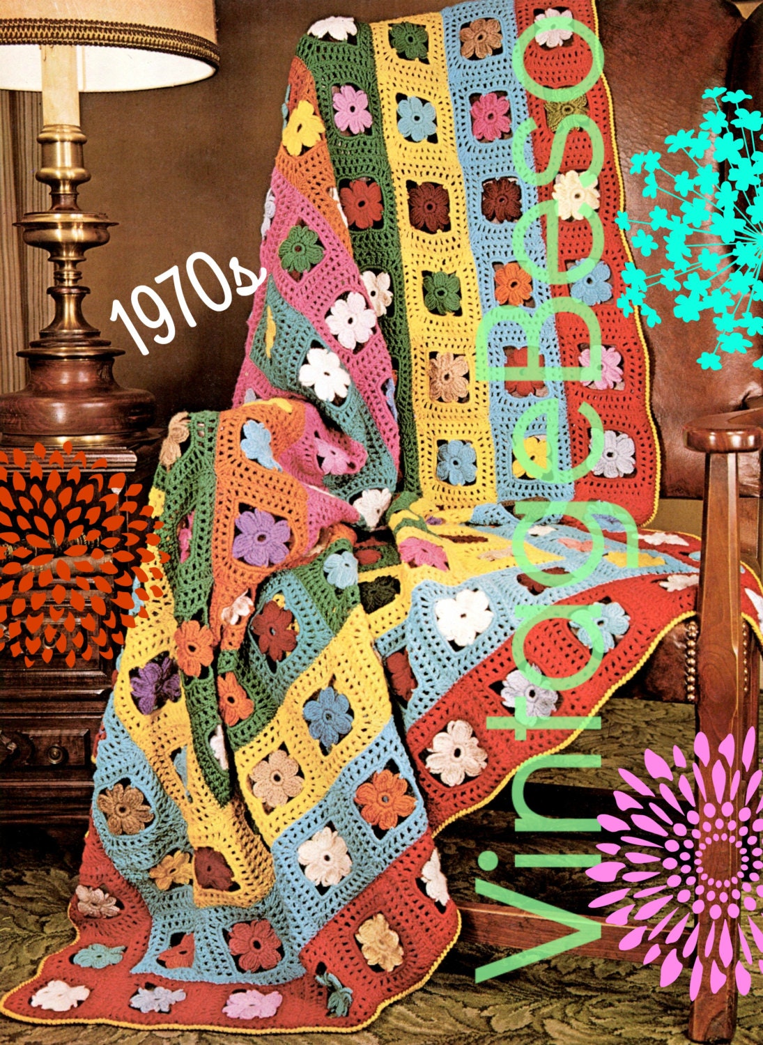 EASY Afghan Crochet PATTERN • Vintage 1970s • Afghan Galaxy of Flowers
