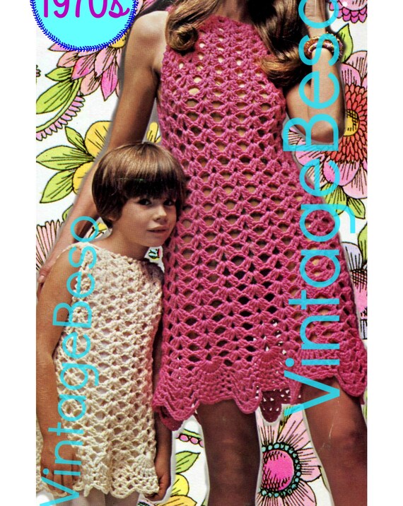 Dress CROCHET Pattern • Seashell Border Dresses for Mom and Daughter • 1970s Vintage Crochet Pattern Beach • Watermarked PDF Only