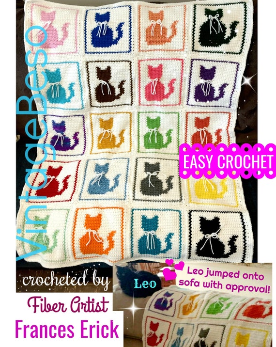 Easy Cat Afghan Crochet PATTERN • Cat Pillow Pattern • Vintage Single Crochet • Meow Love Crochet Kitty • Cat Blanket • Watermarked PDF Only
