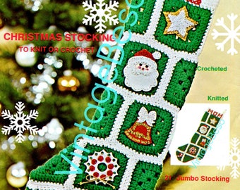 BOTH Crochet Pattern + KNITTING Pattern Christmas Stocking Vintage 1970s Retro 1970s Granny Square Stocking • Watermarked PDF Only