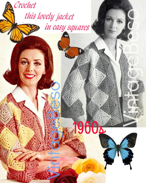 EASY Jacket CROCHET Pattern • Squares Jacket Crochet Pattern • Vintage 1960s Crochet Pattern • Granny Square Style • Watermarked PDF Only