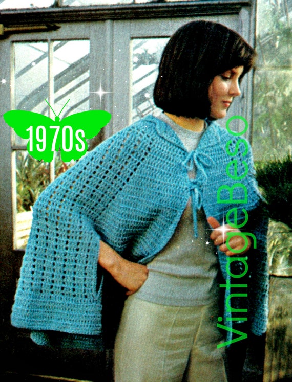 CAPE Crochet PATTERN • Ladies Aqua Cape • 1970s Light Wrap Crochet Cape with Arm Slits and Closure Ties • Watermarked PDF Only