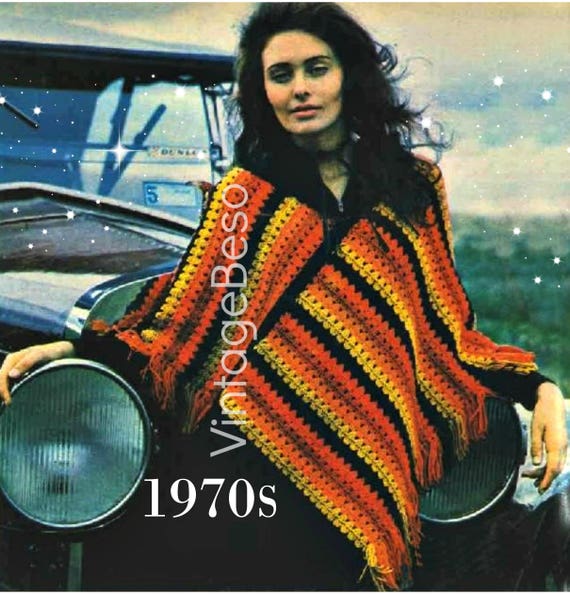 Striped PONCHO Crochet Pattern 1970s Fringe Boho Hippie • Vintage Crochet Pattern • Watermarked PDF Only