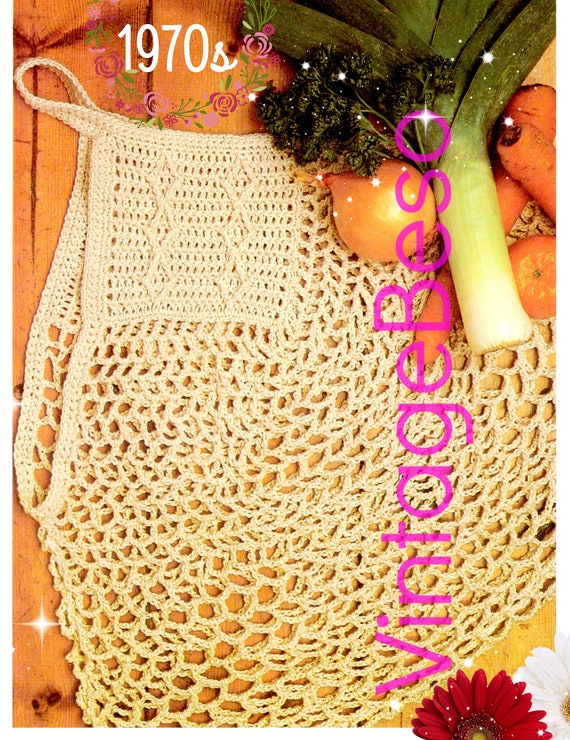 Bag Crochet Pattern • Reusable Grocery Bag • 1970s Vintage • Mesh Tote • Retro Yarn String or Twine Bag Green • Watermarked PDF Only
