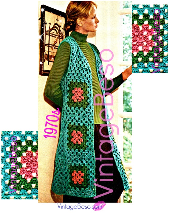 LONG VEST Crochet Pattern • Vintage 1970s • Granny Square Vest • Lightweight • Boho Clothing • Hippie Jacket • Watermarked PDF Only
