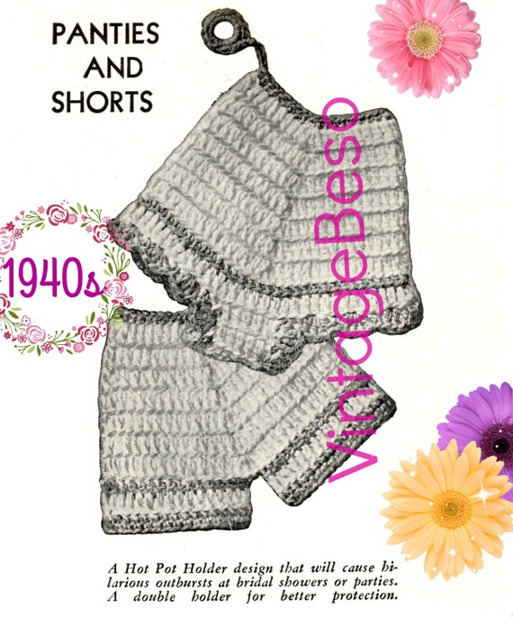 Panties and Shorts Potholder CROCHET Pattern • Vintage 1940s • Cute Bridal Shower or Wedding Gift • Underwear • Watermarked PDF Only