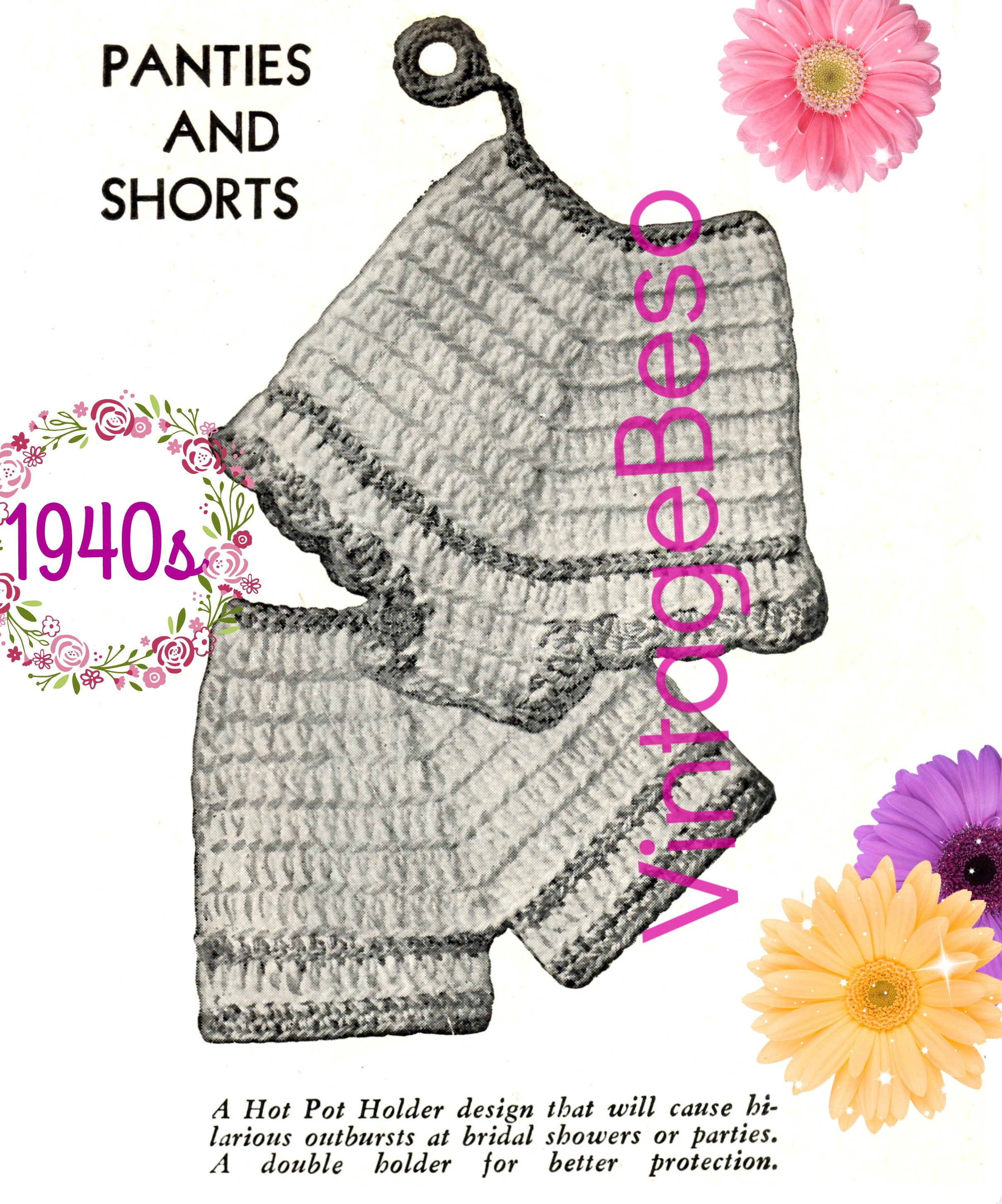 Panties and Shorts Potholder CROCHET Pattern • Vintage 1940s • Cute Bridal  Shower or Wedding Gift • Underwear • Watermarked PDF Only