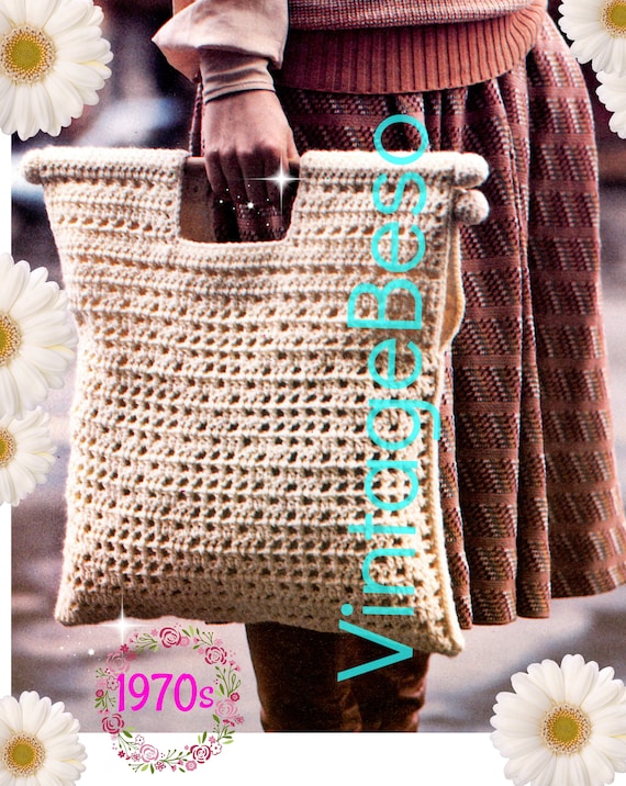 Tote CROCHET Pattern • 20 3/4 X 16 1/2" • 1970s Vintage • Boho Summer Bag  • Handy Size Tote Wood Handle • Watermarked PDF Only