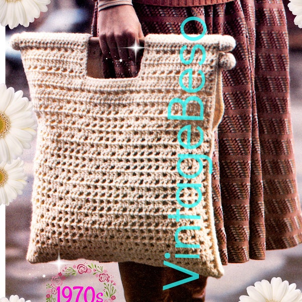 Tote CROCHET Pattern • 20 3/4 X 16 1/2" • 1970s Vintage • Boho Summer Bag  • Handy Size Tote Wood Handle • Watermarked PDF Only