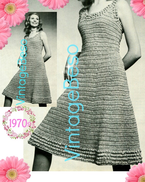 Dress Crochet Pattern • Skimmer Dress • Vintage 1970s • Retro Scoop Neck Skimmer with Easy Flared Skirt • Watermarked PDF Only