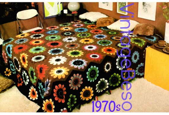 Peony Afghan Crochet Pattern •  Vintage 1970s Afghan Crochet Pattern • Bedspread • Crochet Throw • Blanket Cover Home • Watermarked PDF Only