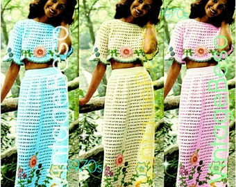 Vintage 1970s Midriff Top Skirt Set • Crop Top Crochet Pattern • Skirt Crochet • Bohemian • Boho Clothing • Flower • Watermarked PDF Only