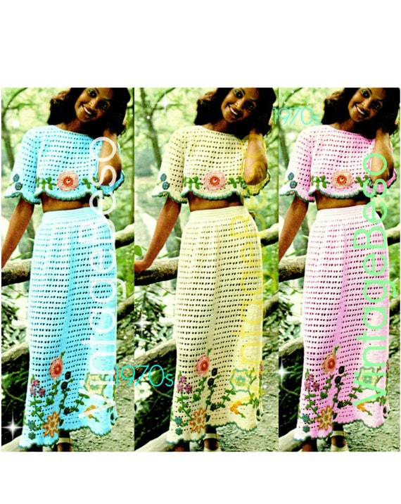 Vintage 1970s Midriff Top Skirt Set • Crop Top Crochet Pattern • Skirt Crochet • Bohemian • Boho Clothing • Flower • Watermarked PDF Only