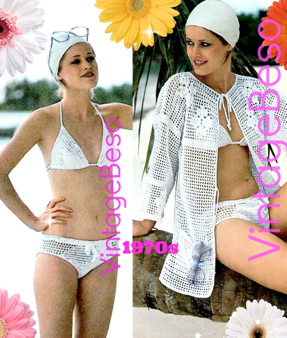 Peekaboo Bikini + Filet Jacket Coverup CROCHET PATTERN • Feminine Beach Set • Sexy Bathing Suit • Vintage 1970s • Watermarked PDF Only