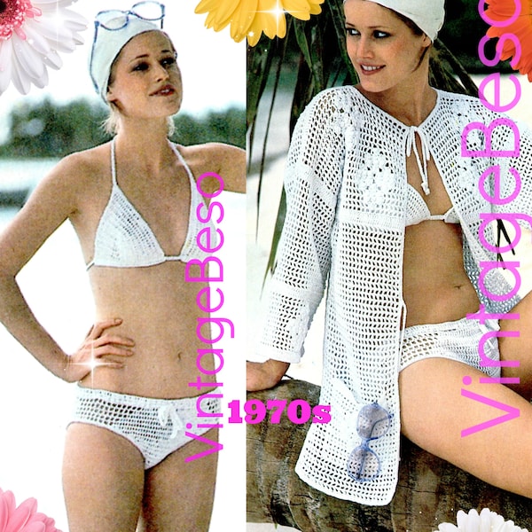 Peekaboo Bikini + Filet Jacket Coverup CROCHET PATTERN • Feminine Beach Set • Sexy Bathing Suit • Vintage 1970s • Watermarked PDF Only